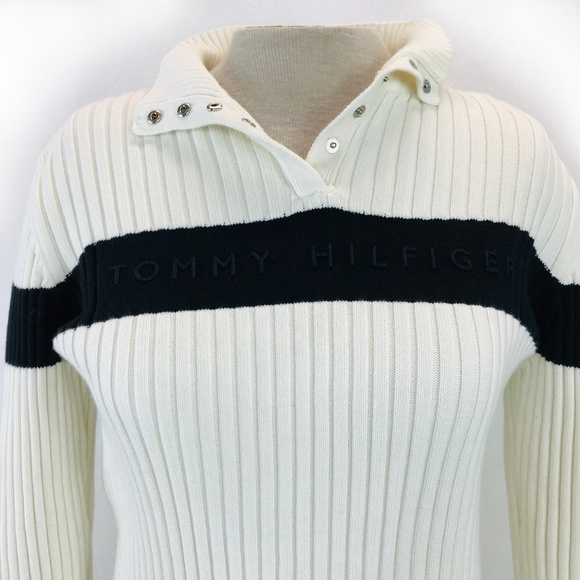 Tommy Hilfiger Black Ivory Ribbed Sweater Top L - Picture 2 of 8